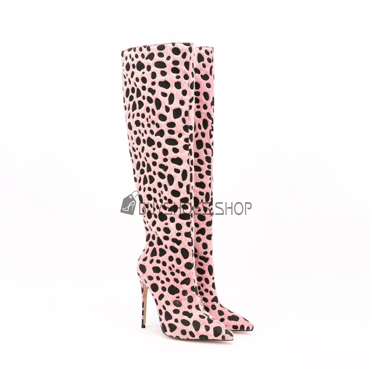 A Talon 12 cm Simili Cuir Rose Bout Pointu Talons Aiguilles Chic Bottes Haute Femme Duveteux Simili Fourrure Leopard D hiver Kne