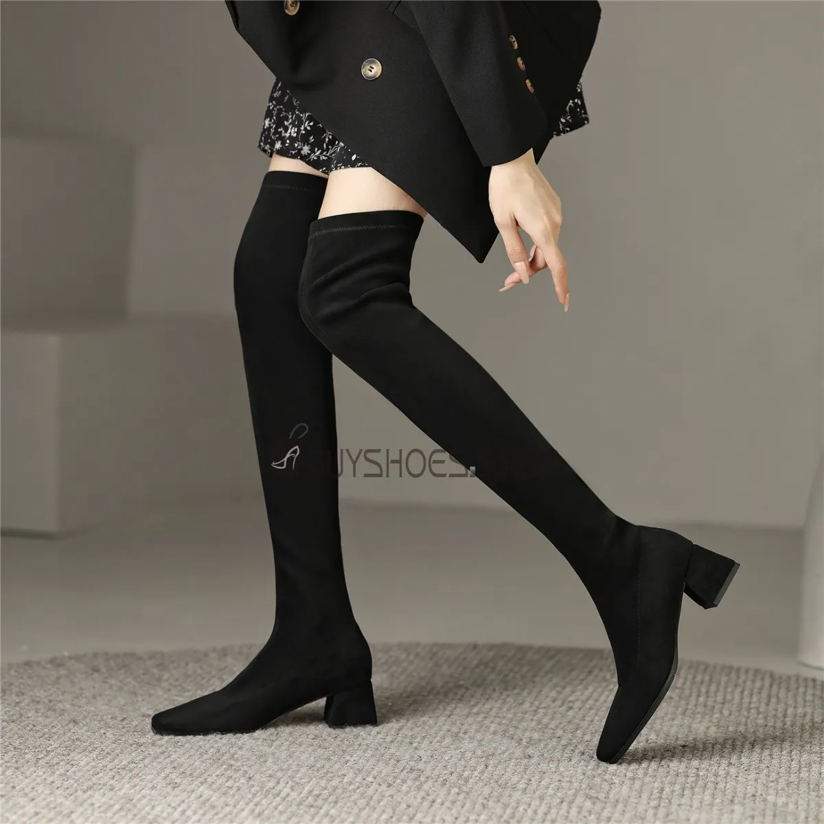 Chaussettes Bout Fermé Botte Au Dessus Du Genou Daim Cuir Bottes Haute Talon Carré A Petit Talon Epais Stretch Habillé Classique