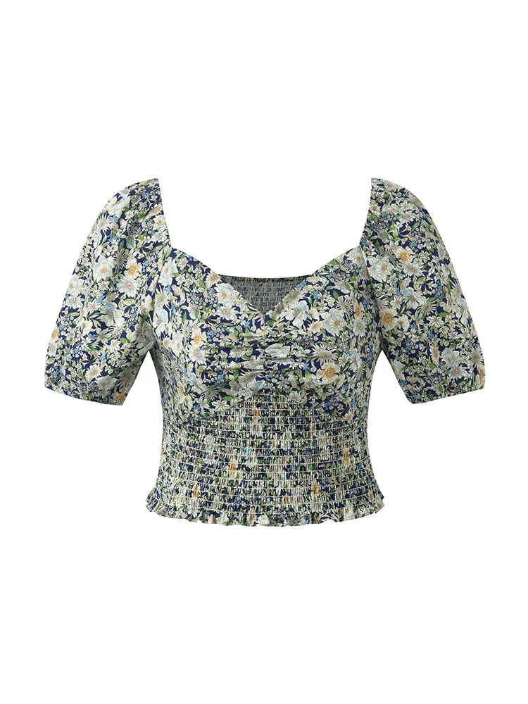 Chemisier femme imprimé floral à manches bouffantes et col carré