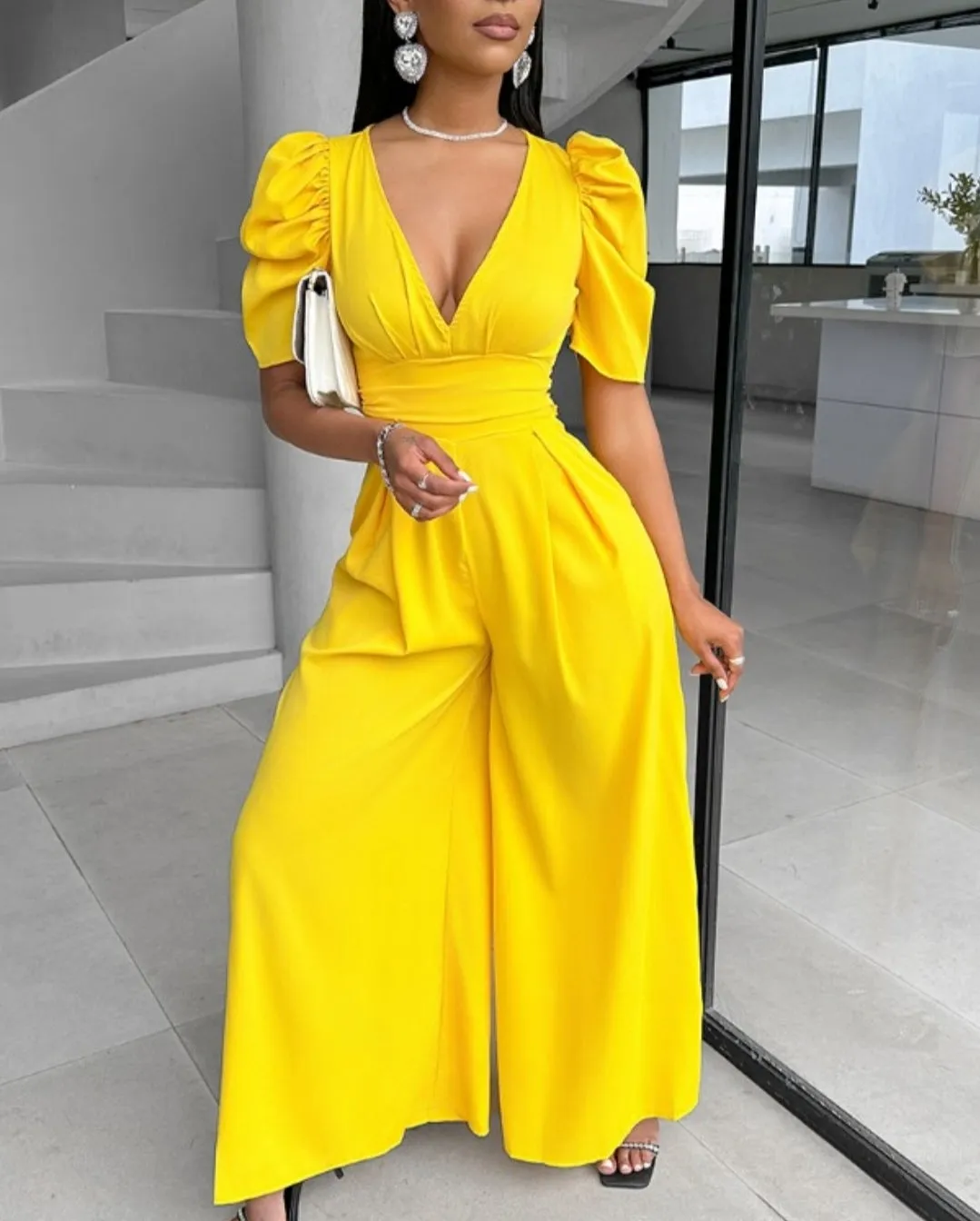Combinaison jambe large ourlet fendu  style chic, élégant Femme