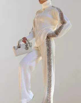 Delana - Ensemble élégant composé d'un pull blanc à paillettes et d'un pantalon large à paillettes