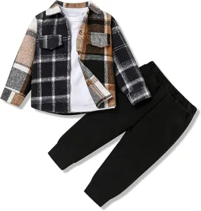 Ensemble élégant 3 pièces pour tout-petit - Chemise en flanelle et pantalon pour tout-petits