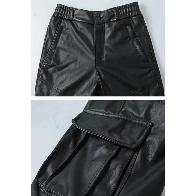PANTALON CARGO SIMILI CUIR NOIR