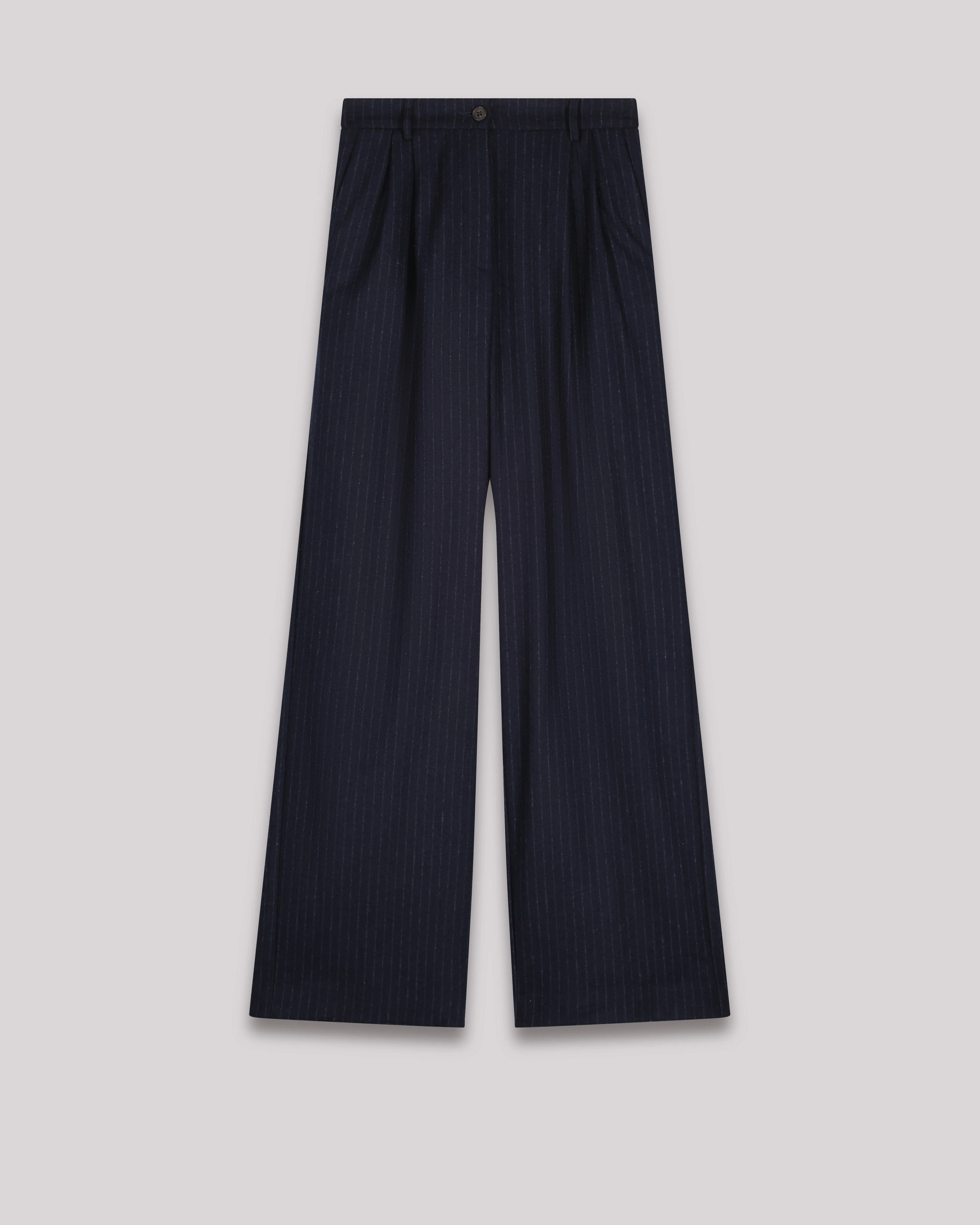 Pantalon Femme en laine vierge mélangée imprimé rayures Bleu Marine Panache