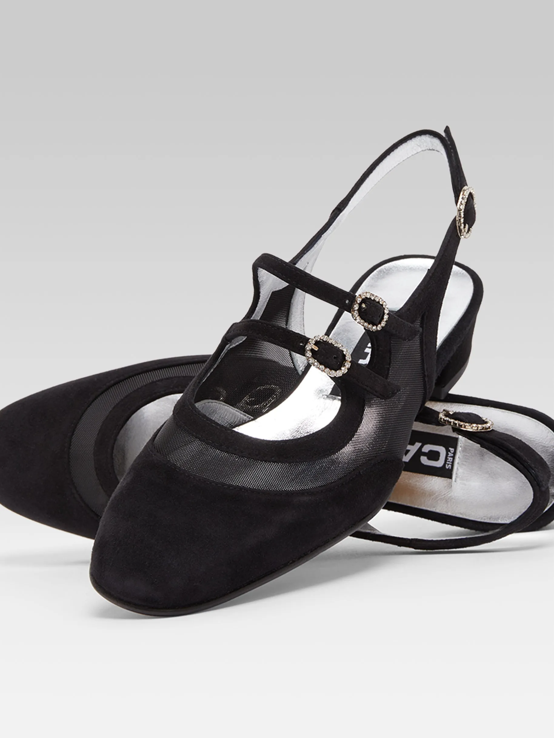 Peche night - Babies slingback cuir velours résille noir et boucles strass