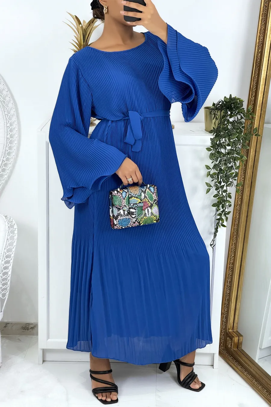 Robe longue plissée bleu royal