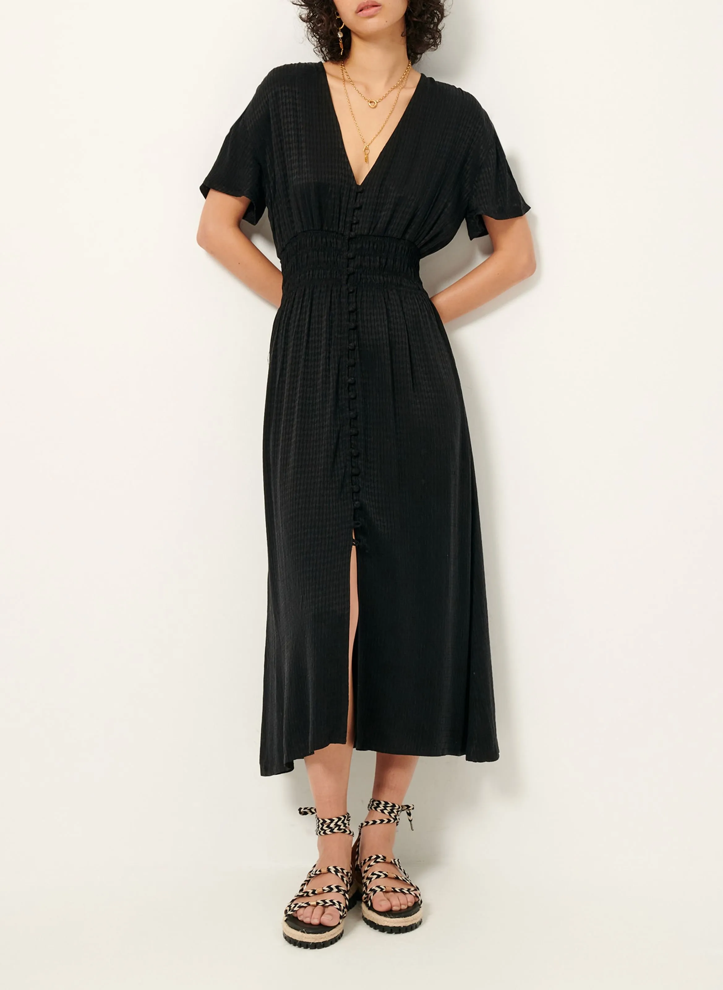 SESSUN  Robe longue col v en chambray gala - Bleu