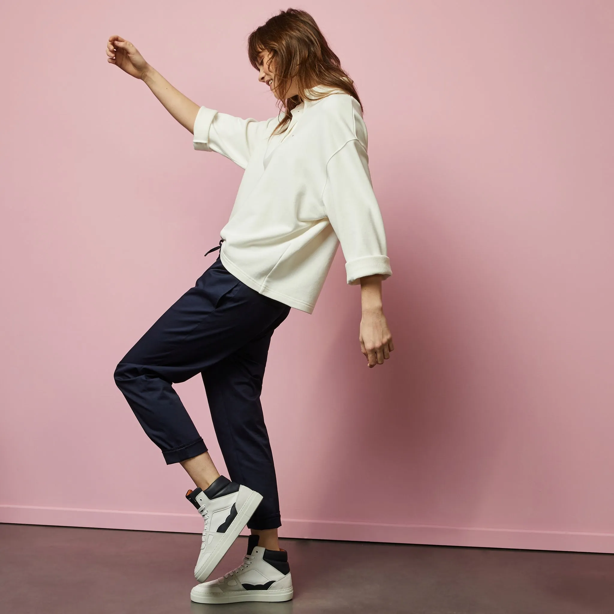 Sweat blanc col polo en molleton
