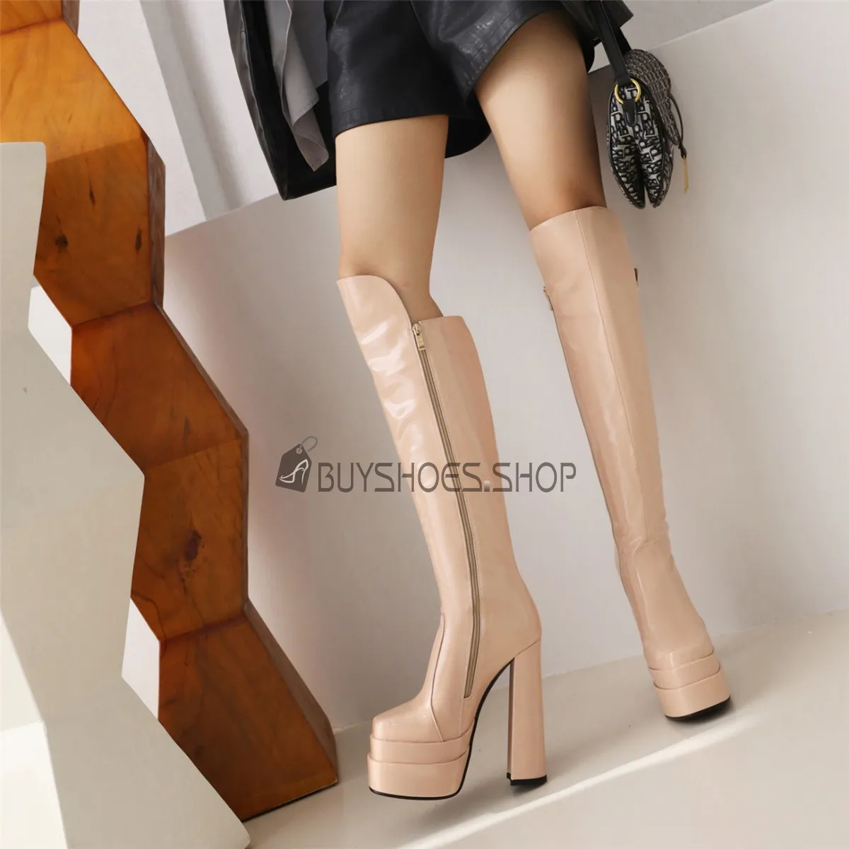 Talons Carrés Talon Epais Fourrées A Talon Vernis Equitation Casual Bottes Hautes Classique