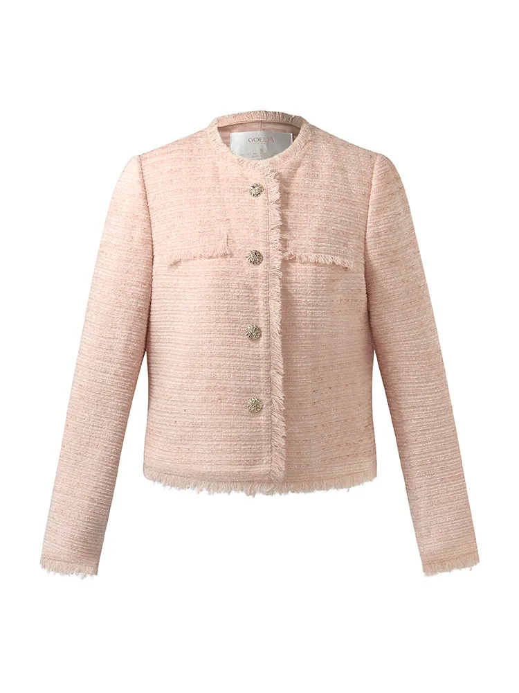 Veste courte femme sans col en tweed