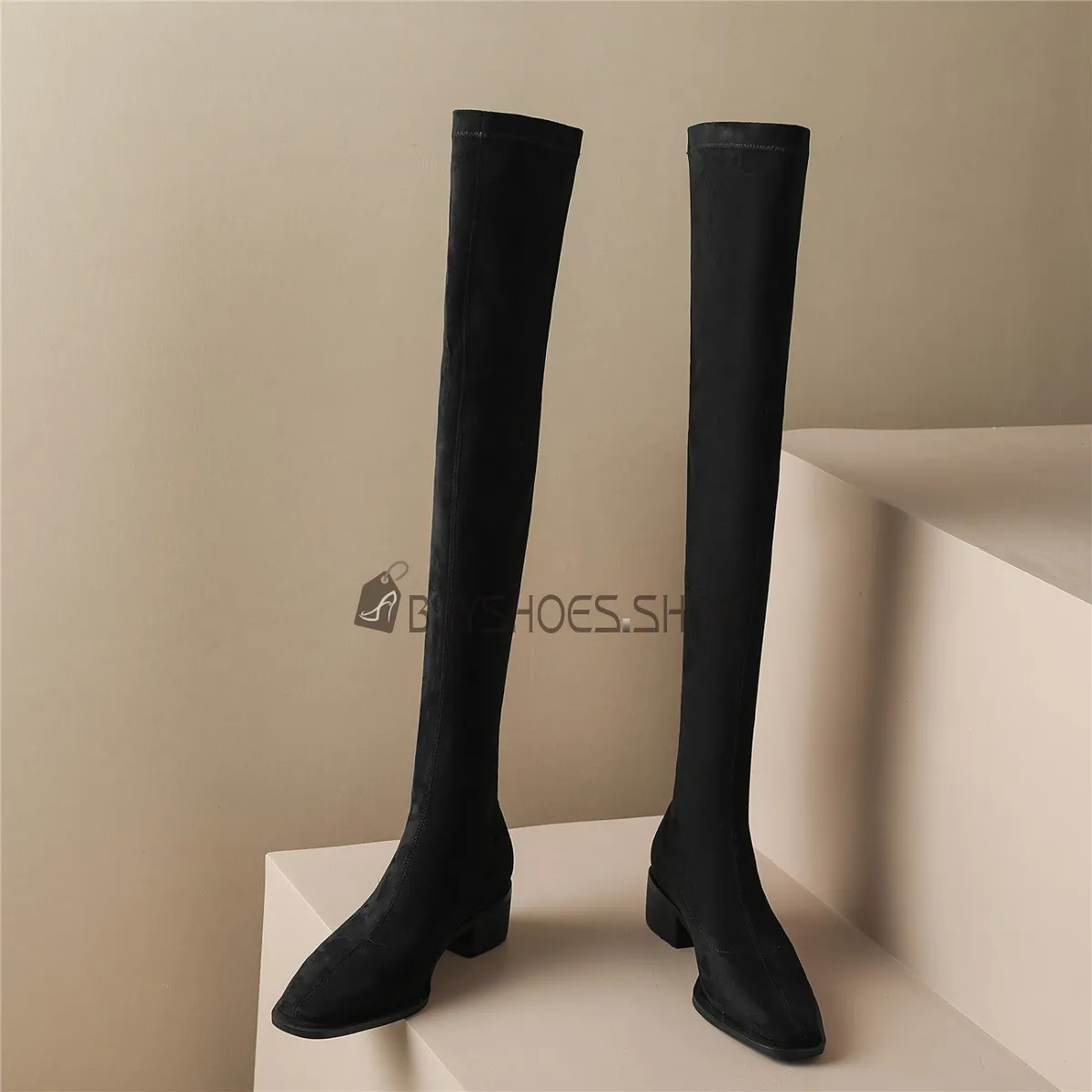 Vintage Cuir Chaussettes Boots Femme Confort Talon Carré À Talon Daim Bottes Haute Cuissardes Habillé